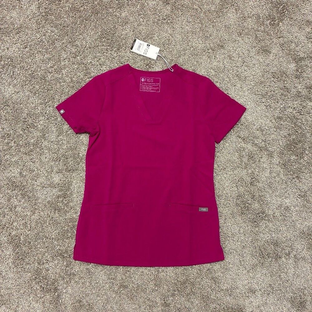 FIGS Casma Three-Pocket Scrub Top XXS Raspberry V-Neck Technical Healthcare